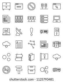 thin line vector icon set - notebook pc vector, archive, personal information, laptop graph, binder, prohibition sign, no smoking, attention, satellite antenna, newspaper, network, server, big data