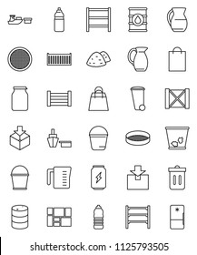 thin line vector icon set - bucket vector, trash bin, garbage pile, measuring cup, jug, sieve, jar, enegry drink, water bottle, sea container, port, wood box, consolidated cargo, package, oil barrel