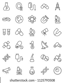 thin line vector icon set - thermometer vector, drawing compass, atom, telescope, microscope, magnet, flask, pills, oxygen, satellite, antenna, vial, dna, drop counter, ovule