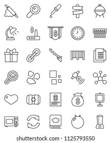 thin line vector icon set - garbage pile vector, rolling pin, microwave oven, cookbook, bbq, table lamp, presentation, molecule, crisis, money bag, clock, dollar flag, fitball, first aid kit, link