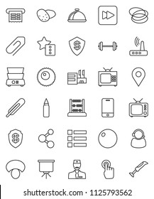 thin line vector icon set - double boiler vector, dish, mushroom, potato, abacus, presentation, barbell, punching bag, fitball, molecule, hoop, tv, mobile phone, touchscreen, forward button, ovule