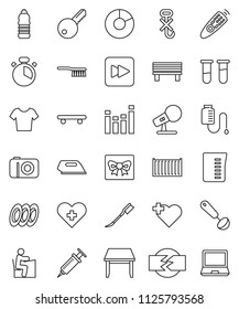 thin line vector icon set - fetlock vector, car, measuring cup, cook timer, ladle, plates, student, pie graph, t shirt, skateboard, water bottle, heart cross, sea container, no hook, microphone, key