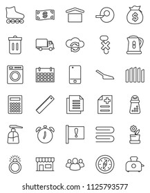 thin line vector icon set - scoop vector, towel, trash bin, liquid soap, kettle, hand mill, ruler, calculator, alarm clock, compass, money bag, roller Skates, calendar, attention, delivery, document