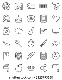 thin line vector icon set - broom vector, vacuum cleaner, scoop, cook timer, knife, mixer, cereal, cake, pen, medal, graph, presentation board, dollar flag, diet, molecule, heart cross, phone, ovule