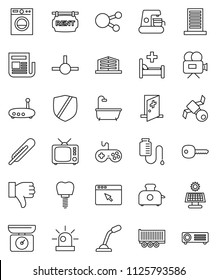 thin line vector icon set - satellite vector, truck trailer, protected, newspaper, tv, gamepad, video camera, social media, finger down, thermometer, hospital bed, drop counter, tooth implant, key