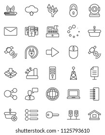 thin line vector icon set - notebook pc vector, world, antenna, satellitie, speaking man, server, hub, share, arrow, cloud upload, loading, mail, route, network document, lock, key, cashbox, basket