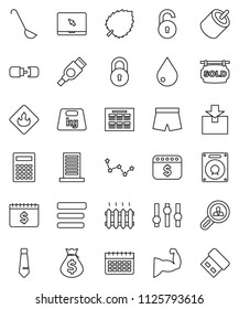 thin line vector icon set - water drop vector, ladle, calculator, schedule, leaf, constellation, money bag, tie, dollar calendar, muscule hand, shorts, package, weight, flammable, settings, rca, usb