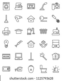 thin line vector icon set - plunger vector, vacuum cleaner, mop, welcome mat, toilet, house hold, skimmer, double boiler, dry cargo, tv, cottage, love home, password, washer, coffee maker, epilator