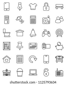 thin line vector icon set - bucket vector, toilet, pen, university, bell, notebook pc, school bus, abacus, piggy bank, calculator, target, calendar, dry cargo, radio, satellitie, gamepad, group