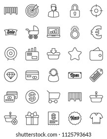 thin line vector icon set - laptop graph vector, target, euro sign, barcode, gift, credit card, dollar coin, wallet, star, sale, new, open, support, receipt, basket, cart, mail, lock, diamond ring