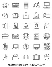 thin line vector icon set - plates vector, calculator, notebook pc, music, exchange, case, annual report, stadium, satellite, calendar, package, camera, speaker, internet, monitor, globe, barn, lock