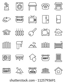 thin line vector icon set - pond vector, water supply, mountain, barn, fence, sale signboard, rent, low price, office building, key, crib, table, washer, love home, heating, air conditioner, fridge
