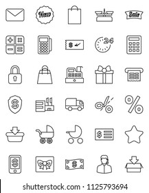 thin line vector icon set - receipt vector, gift, cash, star, sale, new, 24 hour, shopping bag, percent, mall, support, card reader, cashbox, basket, calculator, delivery, mail, lock, check, tap pay