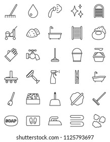 thin line vector icon set - soap vector, scraper, cleaner trolley, broom, vacuum, mop, rake, scoop, bucket, clothespin, sponge, towel, water drop, tap, shining, splotch, welcome mat, iron, steaming