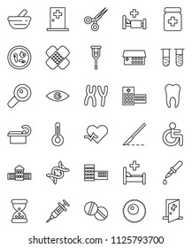 thin line vector icon set - school building vector, disabled, heart pulse, thermometer, vial, eye, dna, magnifier, syringe, dropper, crutches, scissors, scalpel, sand clock, patch, pills, bottle