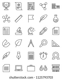 thin line vector icon set - pen vector, pencil, school building, corner ruler, drawing compass, glasses, case, microscope, table lamp, calculator, notebook pc, alarm clock, award cup, medal, magnet