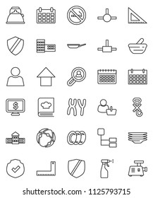 thin line vector icon set - sprayer vector, plates, pan, kettle, cookbook, school building, corner ruler, arrow up, calendar, monitor dollar, no smoking, hook, protected, mortar, chromosomes, shield