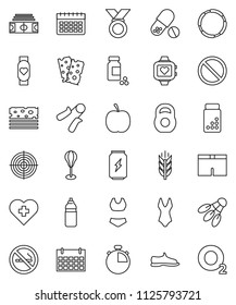 thin line vector icon set - diet vector, stadium, stopwatch, pills vial, weight, hand trainer, punching bag, snickers, shorts, swimsuite, target, medal, enegry drink, heart monitor, water bottle