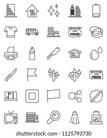 thin line vector icon set - towel vector, shining, splotch, window, knife, school bus, flag, percent growth, t shirt, water bottle, hoop, battery, stop button, magnifier, blood drop, share, barn, tv