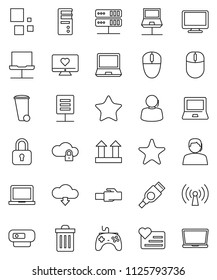 thin line vector icon set - trash bin vector, notebook pc, heart monitor, support, top sign, gamepad, favorites, hdmi, network, server, cloud lock, lan connector, download, loading, document, mouse