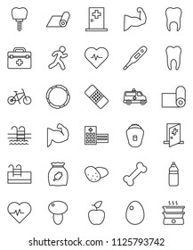 thin line vector icon set - cereal vector, egg, mushroom, potato, apple fruit, heart pulse, bike, muscule hand, water bottle, fitness mat, pool, bone, hoop, run, doctor bag, thermometer, patch