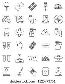 thin line vector icon set - rake vector, water tap, liquid soap, buttocks, pills, no trolley, doctor bag, ambulance star, vial, crutches, broken bone, patch, bottle, blister, hospital building