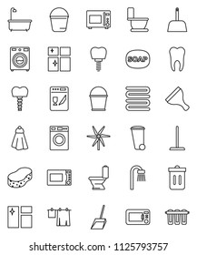 thin line vector icon set - soap vector, scraper, mop, scoop, bucket, sponge, towel, trash bin, window cleaning, bath, toilet, drying clothes, washer, shining, microwave oven, tooth, implant