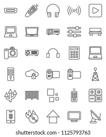 thin line vector icon set - notebook pc vector, arrow up, music hit, antenna, remote control, headphones, play button, hdmi, cloud lock, equalizer, bench, loading, route, wireless, barcode, tap pay