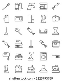 thin line vector icon set - plunger vector, water tap, vacuum cleaner, fetlock, mop, car, rubber glove, microwave oven, blender, fridge, washer, mixer, coffee maker, hood, multi cooker, kettle