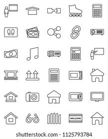 thin line vector icon set - welcome mat vector, microwave oven, blackboard, glasses, calculator, music, cash, roller Skates, money, dry cargo, top sign, film frame, monitor, link, share, home, fence