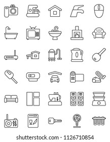 thin line vector icon set - water tap vector, vacuum cleaner, sink, key, cottage, garage, bath, cushioned furniture, fireplace, tv, home, dishwasher, coffee maker, fan, camera, video, speaker, web