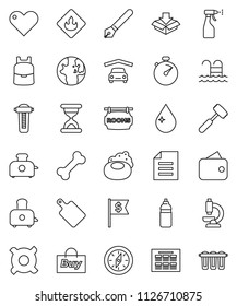 thin line vector icon set - soap vector, water drop, sprayer, meat hammer, cutting board, toaster, pen, backpack, schedule, compass, world, document, dollar flag, any currency, stopwatch, bottle