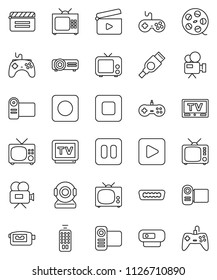 thin line vector icon set - cinema clap vector, film spool, tv, gamepad, video camera, remote control, play button, pause, stop, rec, hdmi, web, projector