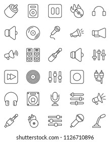 thin line vector icon set - disk vector, music hit, microphone, speaker, loudspeaker, settings, headphones, pause button, forward, rec, rca, jack, equalizer