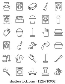 thin line vector icon set - broom vector, vacuum cleaner, mop, bucket, sponge, car fetlock, steaming, washer, washing powder, cleaning agent, rubber glove