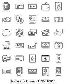 thin line vector icon set - credit card vector, cash, coin stack, check, receipt, dollar calendar, money, wallet, reader, tap pay