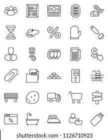 thin line vector icon set - plates vector, cook glove, ladle, potato, abacus, cart, manager, dollar cursor, gold ingot, pool, stadium, signpost, money, document, no hook, group, sand clock, server
