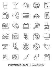 thin line vector icon set - rake vector, window cleaning, bike, calendar, glass, top sign, no hook, cargo search, music hit, tv, heart cross, pregnancy, stethoscope, microbs, bandage, network folder