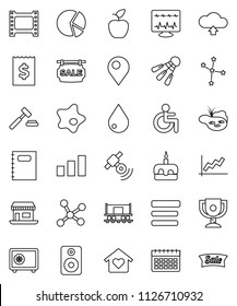 thin line vector icon set - water drop vector, splotch, cake, copybook, apple fruit, award cup, constellation, graph, pie, auction, receipt, safe, calendar, shuttlecock, Railway carriage, office