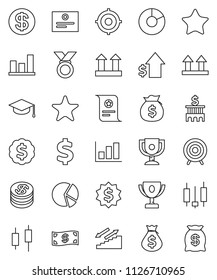 thin line vector icon set - graduate hat vector, award cup, certificate, graph, pie, japanese candle, money bag, dollar growth, bank building, target, medal, sign, stairways run, top, favorites