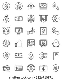 thin line vector icon set - exchange vector, dollar coin, money bag, piggy bank, investment, growth, receipt, medal, flag, calendar, monitor, cursor, yen sign, cash, shield