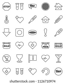 thin line vector icon set - sieve vector, arrow down, heart pulse, no alcohol sign, cross, attention, glass, rec button, thermometer, vial, undo, stop, sale signboard, low price, love home, new