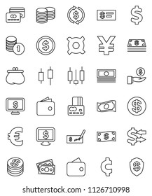 thin line vector icon set - exchange vector, dollar coin, japanese candle, credit card, wallet, cash, investment, stack, check, monitor, any currency, euro sign, yen, cent, money, shield