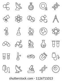 thin line vector icon set - thermometer vector, drawing compass, atom, telescope, microscope, magnet, flask, molecule, oxygen, satellite, antenna, vial, dna, pills, drop counter, ovule