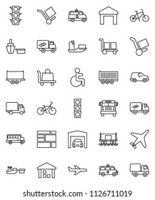 thin line vector icon set - school bus vector, bike, Railway carriage, plane, traffic light, ship, truck trailer, delivery, car, port, consolidated cargo, warehouse, disabled, amkbulance, garage