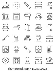 thin line vector icon set - washer vector, washing powder, mixer, double boiler, blender, tomography, gear, construction crane, card reader, dishwasher, coffee maker, meat grinder, sewing machine