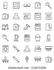 thin line vector icon set - vacuum cleaner vector, bucket, kettle, scales, oven, blender, air conditioner, fridge, washer, coffee maker, hood