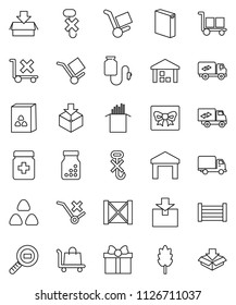 thin line vector icon set - washing powder vector, cereal, pasta, delivery, wood box, cargo, no trolley, hook, warehouse, package, search, pills bottle, drop counter, relocation truck, gift