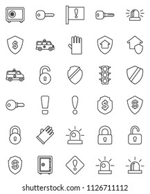thin line vector icon set - rubber glove vector, dollar shield, safe, attention, traffic light, amkbulance car, lock, unlock, key, sign, siren, home protect, password