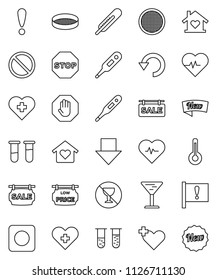 thin line vector icon set - sieve vector, arrow down, heart pulse, prohibition sign, no alcohol, cross, attention, glass, rec button, thermometer, vial, undo, stop, sale signboard, low price, new